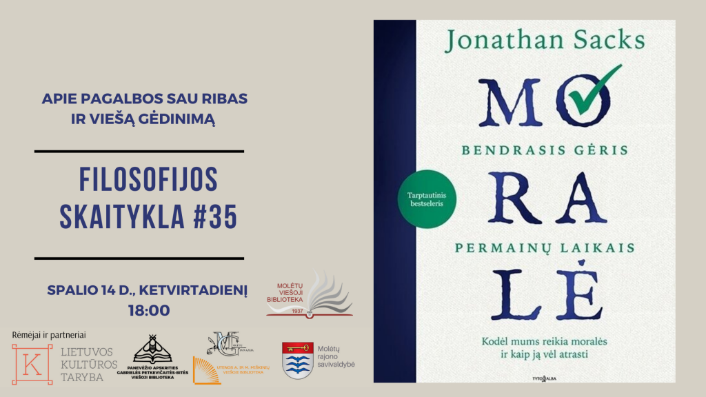 Filosofijos skaityklos plakatas su Džonatano Sakso knygos "Moralė" vyršeliu
